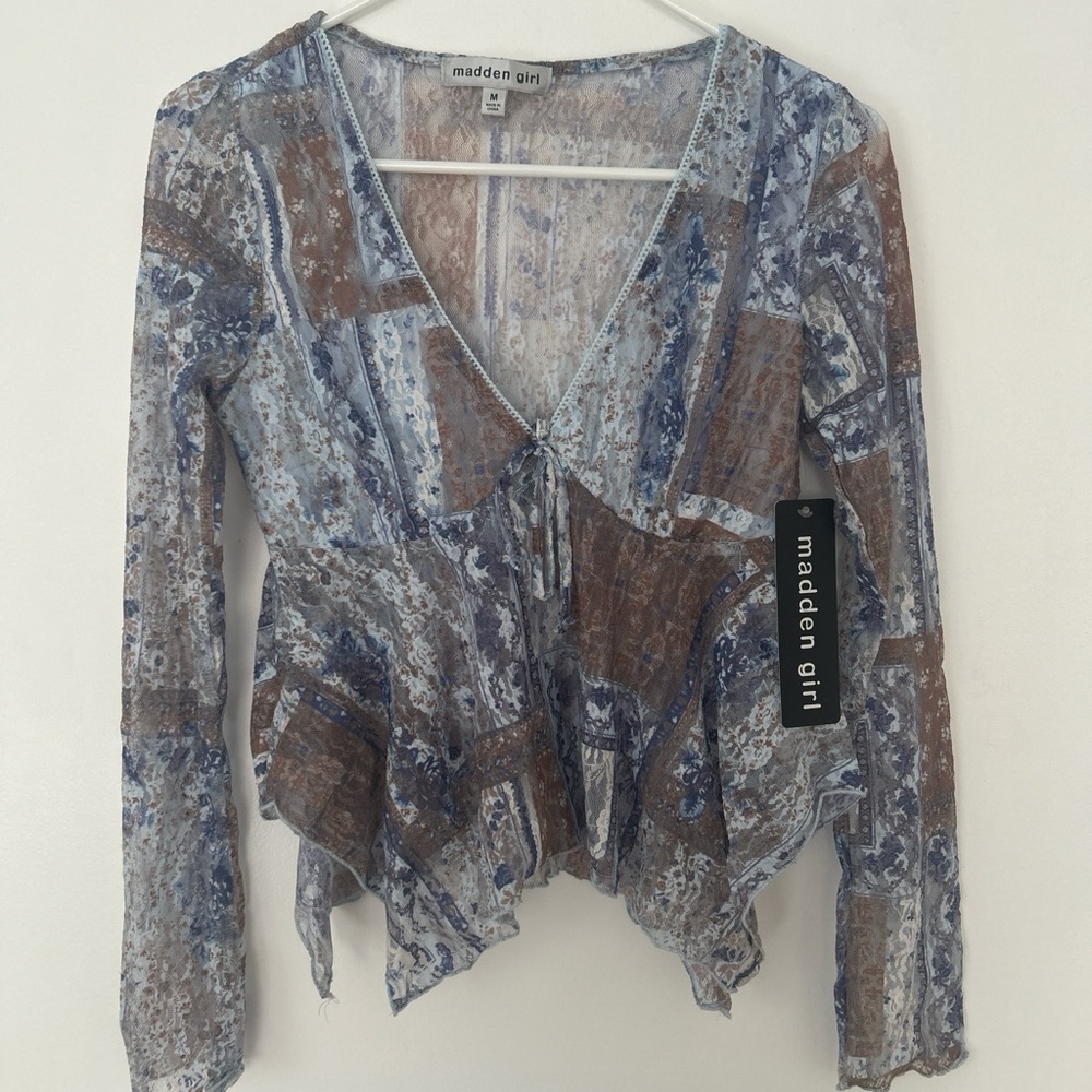 Madden Girl Patchwork Blue and Brown Blouse